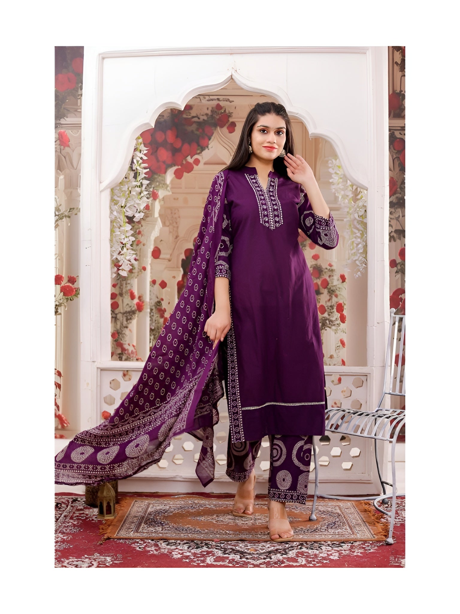 Purple ethnic kurta with wide leg pant and mul cotton dupatta