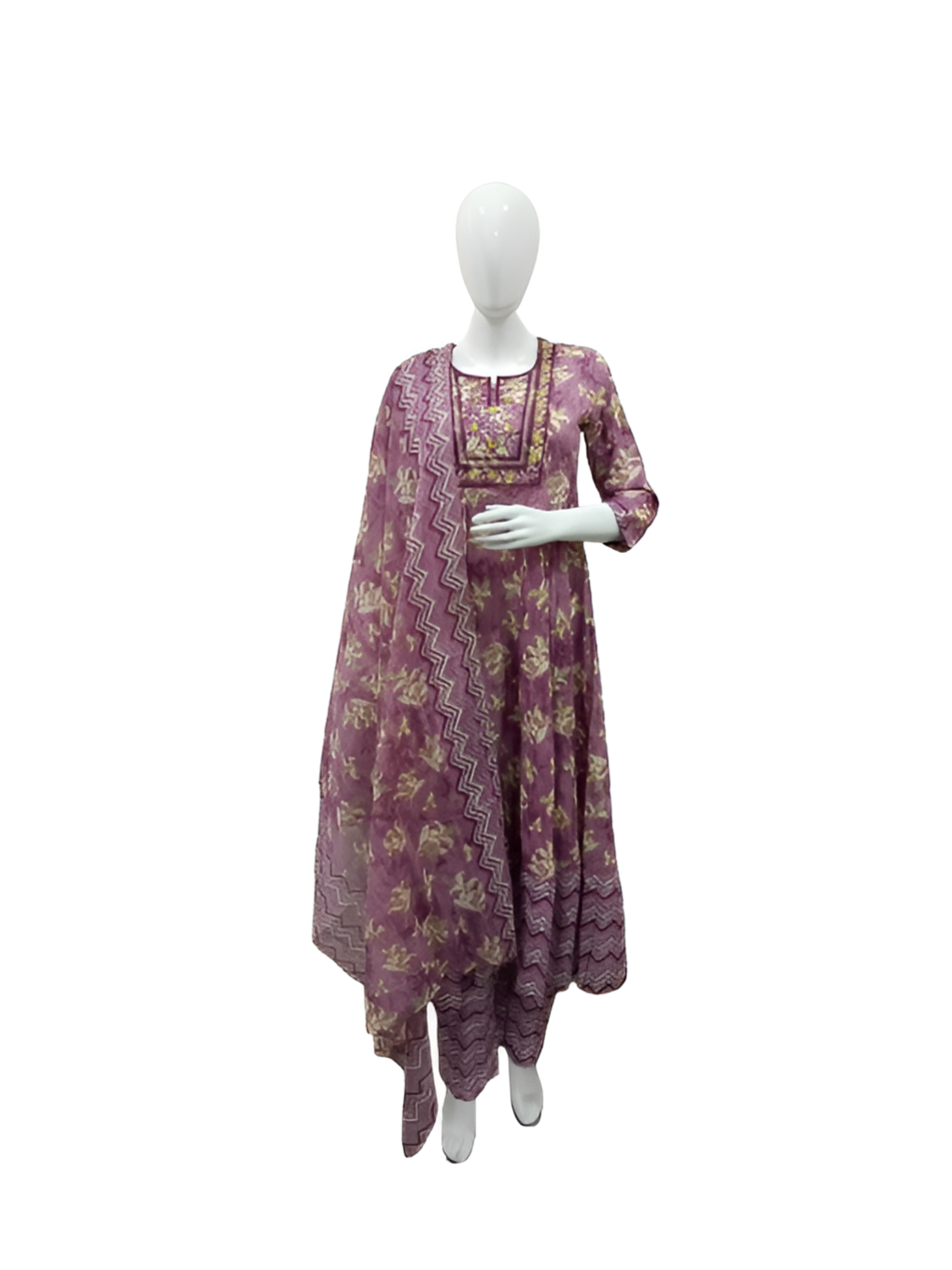 Mauve colour cotton anarkali suit with pant and mul cotton dupatta