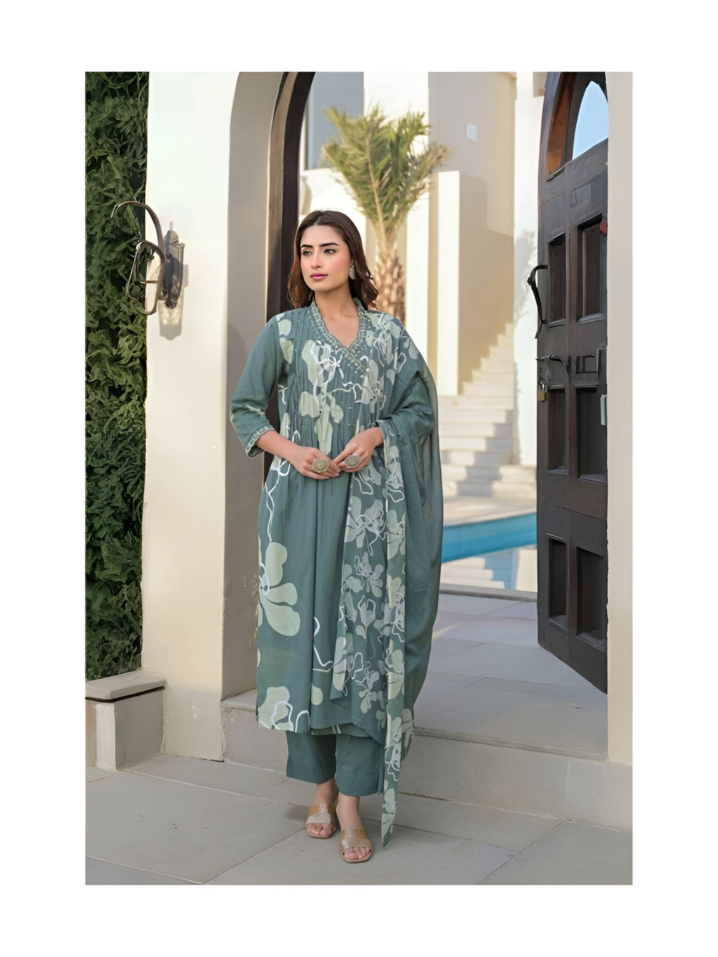 Green angrakha pattern kurta with pant and mul cotton dupatta