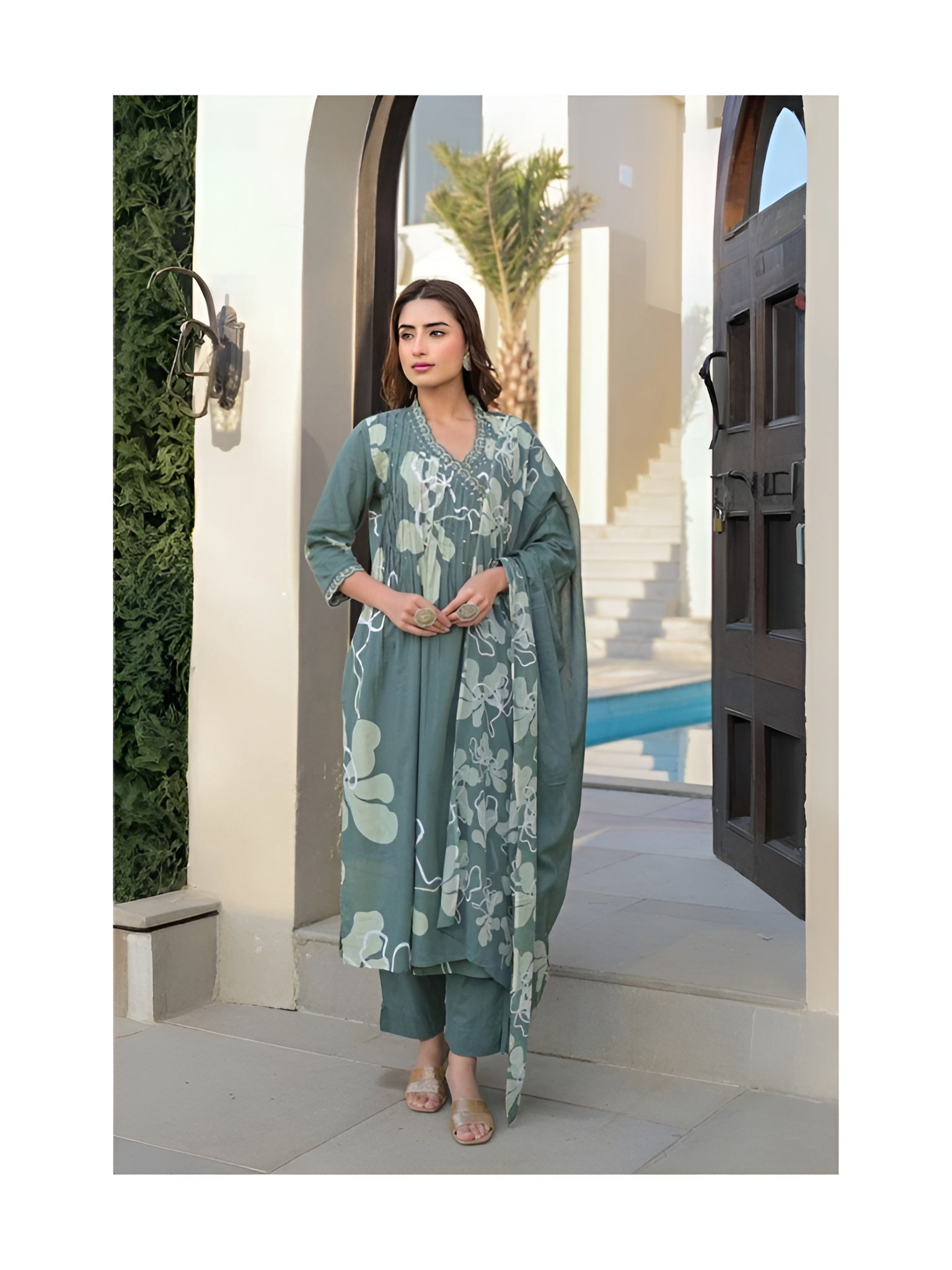 Green angrakha pattern kurta with pant and mul cotton dupatta