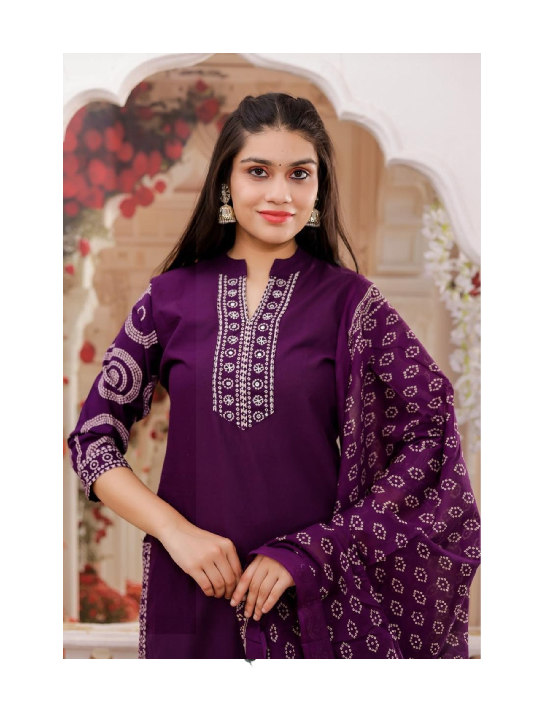 Purple ethnic kurta with wide leg pant and mul cotton dupatta