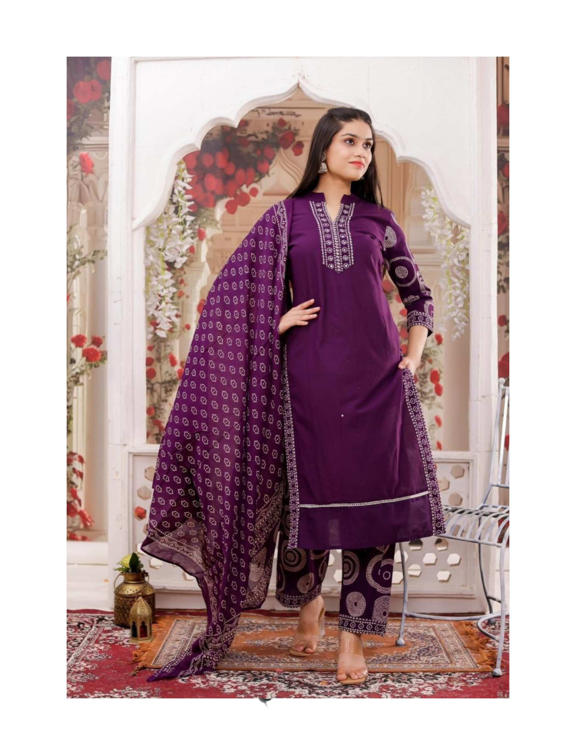 Purple ethnic kurta with wide leg pant and mul cotton dupatta