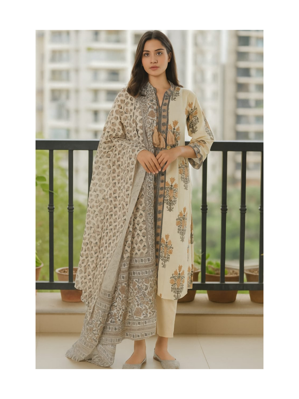 Cotton cream colour kurta pant set with mul cotton dupatta