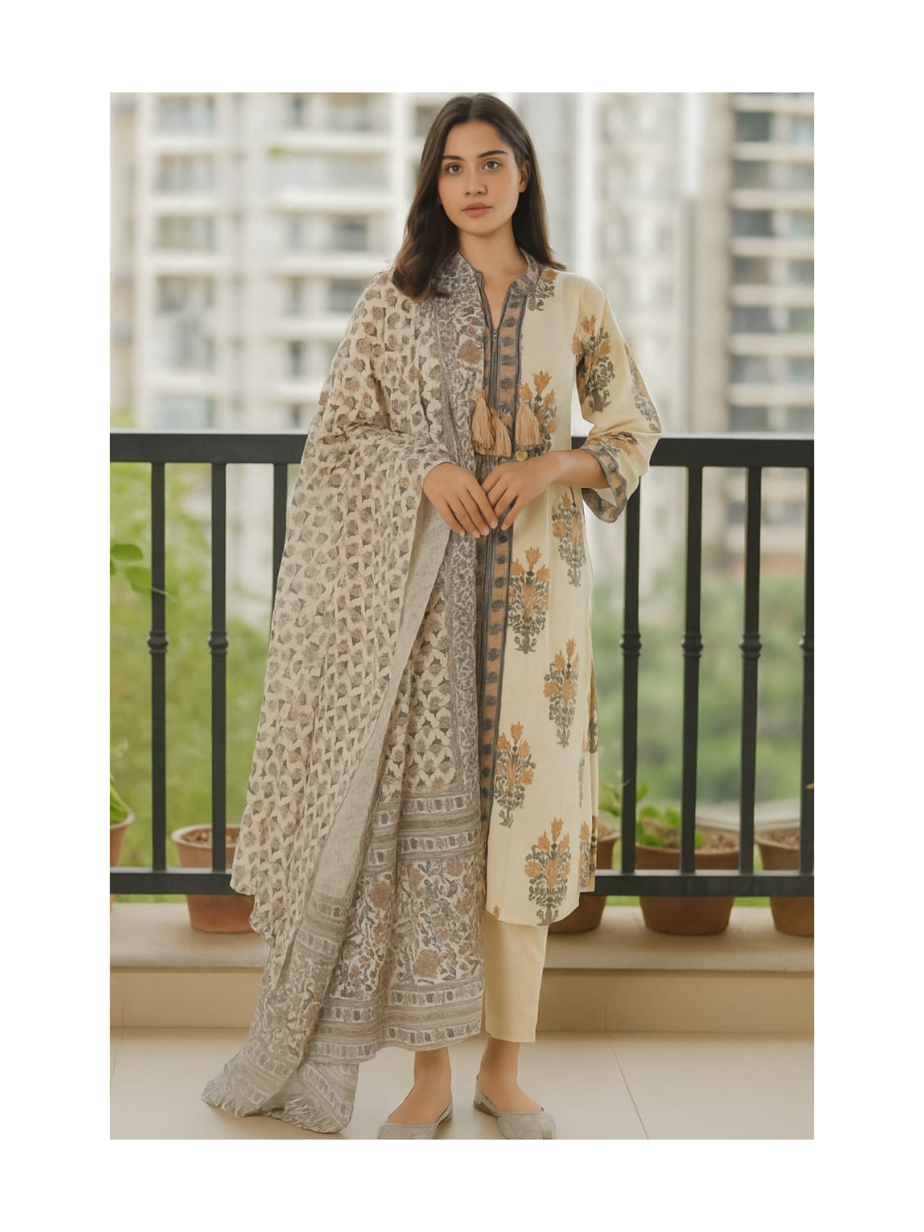 Cotton cream colour kurta pant set with mul cotton dupatta
