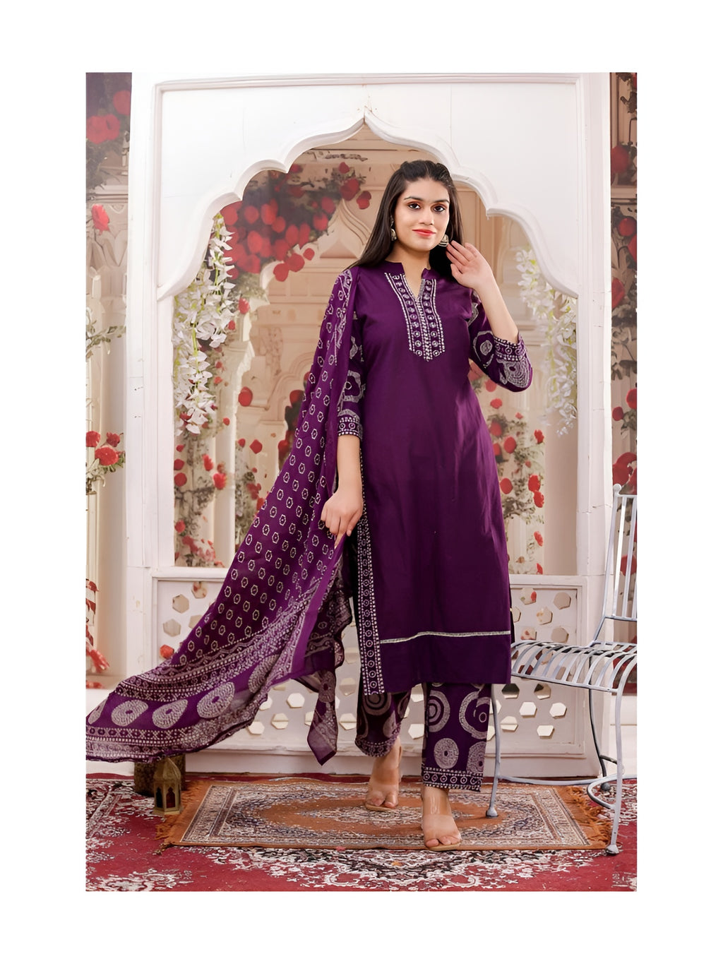 Purple ethnic kurta with wide leg pant and mul cotton dupatta