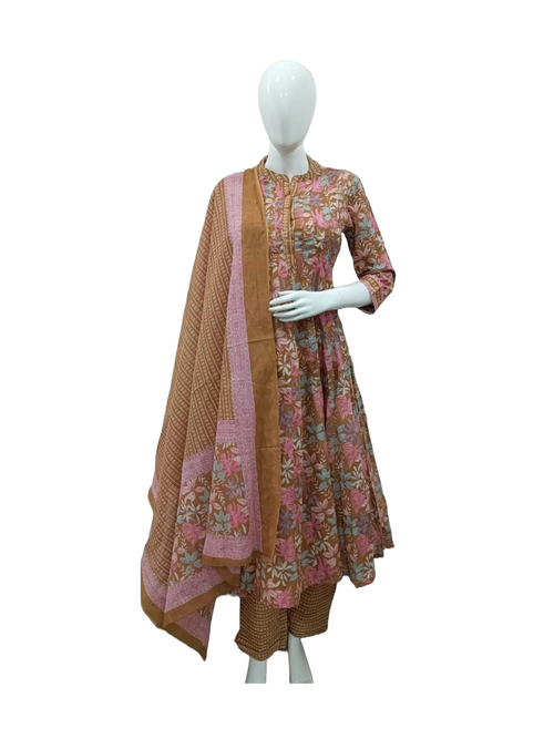 Brown floral  cotton Anarkali kurta with pant and mul cotton dupatta