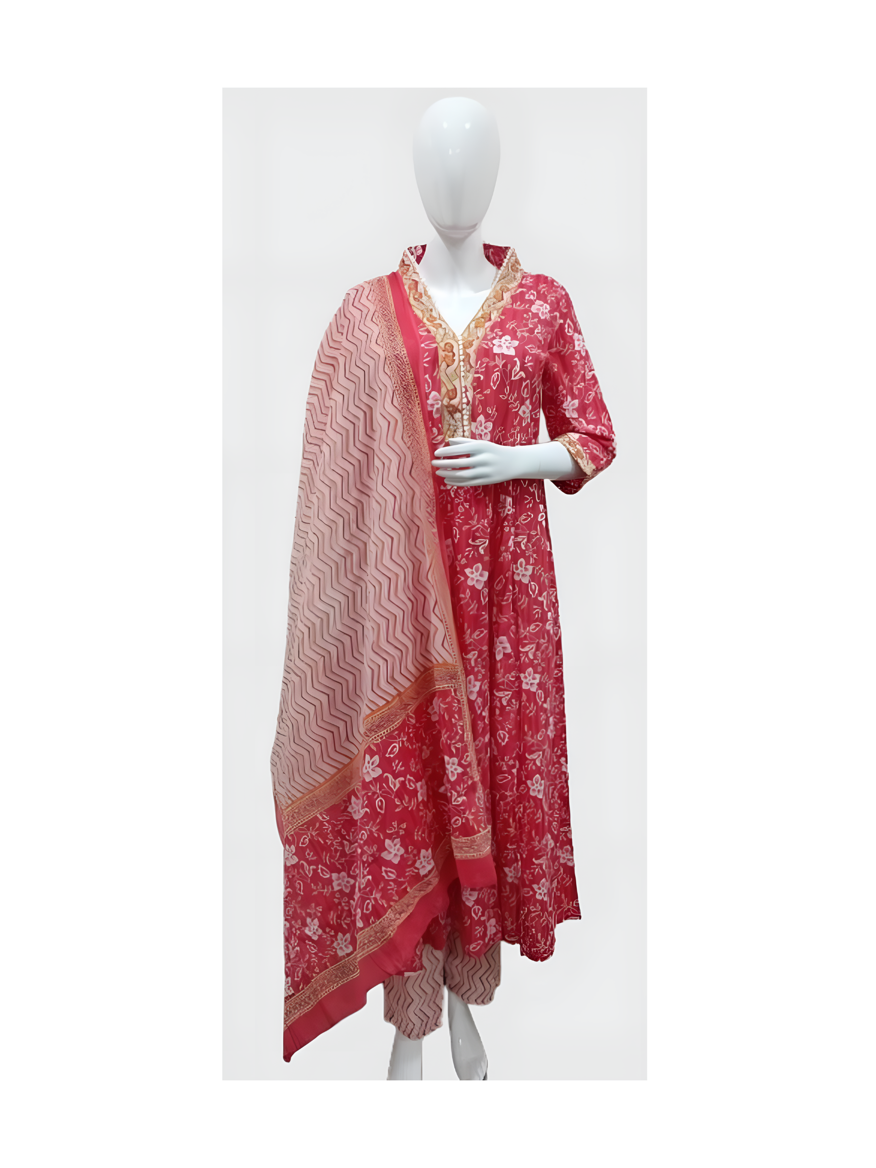 Pinkish Red floral cotton kurta set with pant and mul cotton dupatta