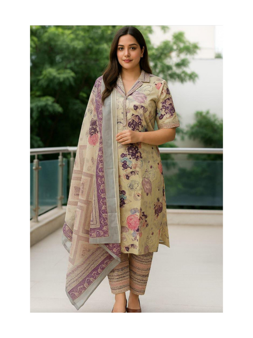 Beige floral kurta with pant and mul cotton dupatta