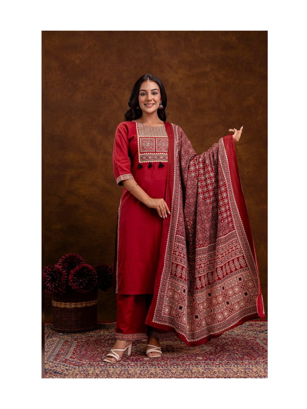 Deep red ajrak Print kurta with wide leg pant and mul cotton dupatta