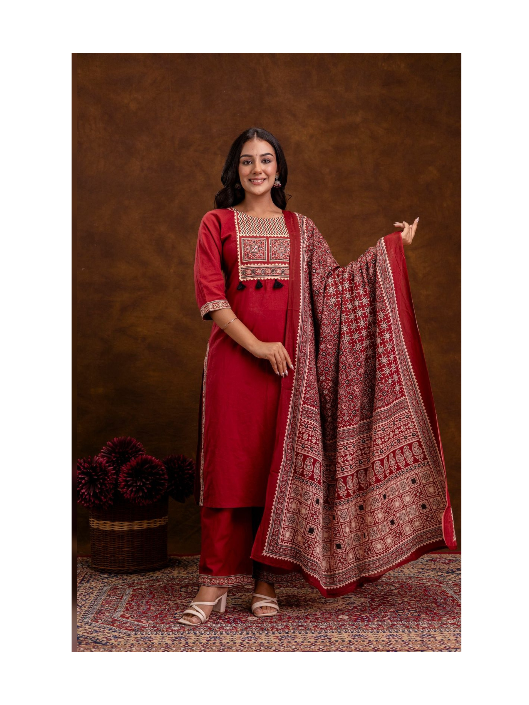 Deep red ajrak Print kurta with wide leg pant and mul cotton dupatta