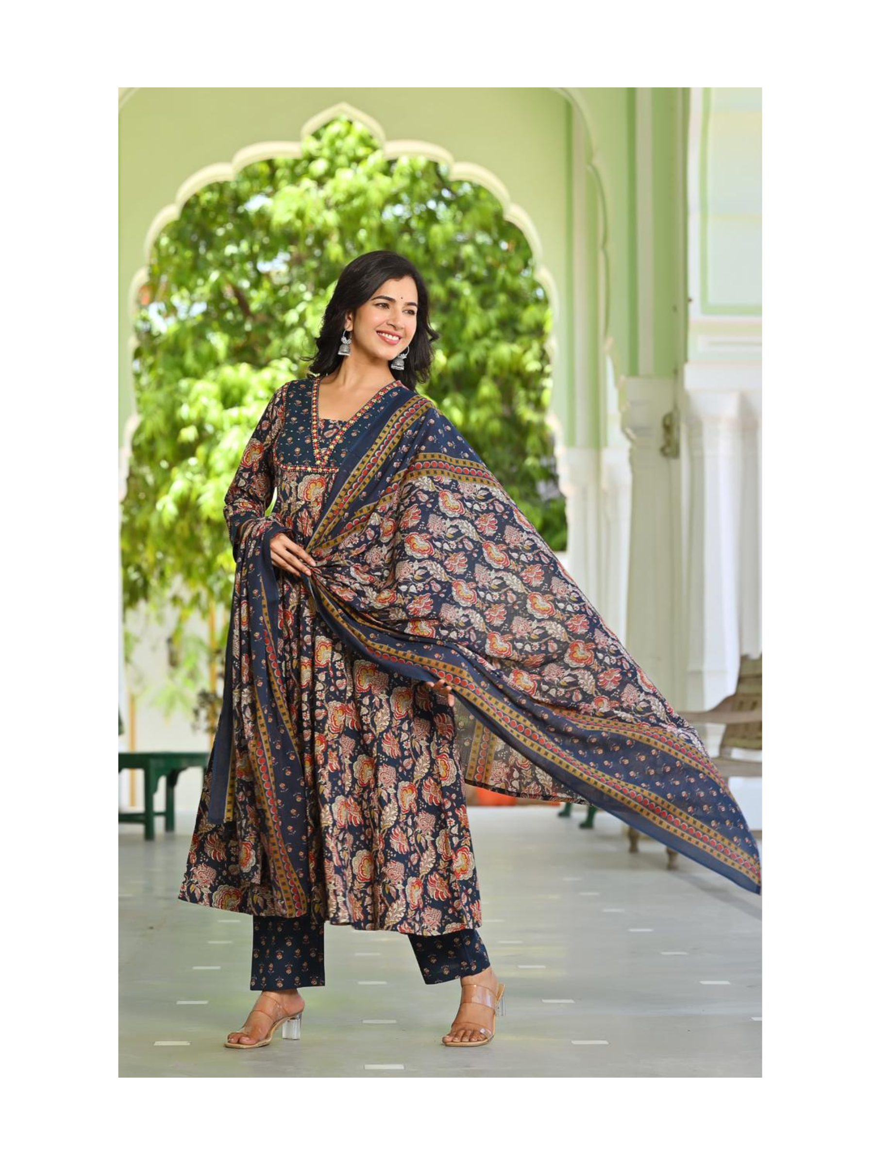 Navy Blue Anarkali kurta with pant and mul cotton dupatta