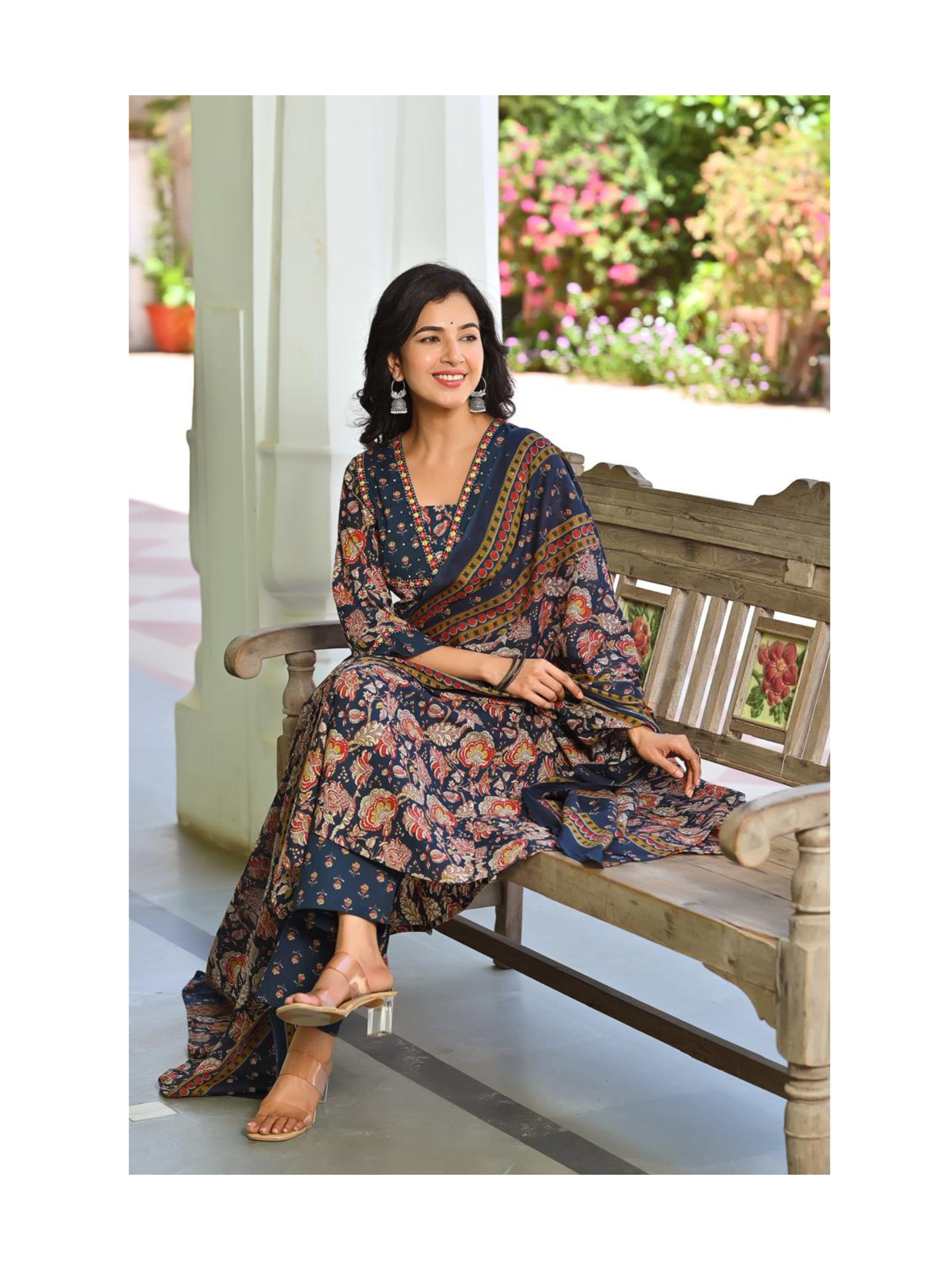 Navy Blue Anarkali kurta with pant and mul cotton dupatta