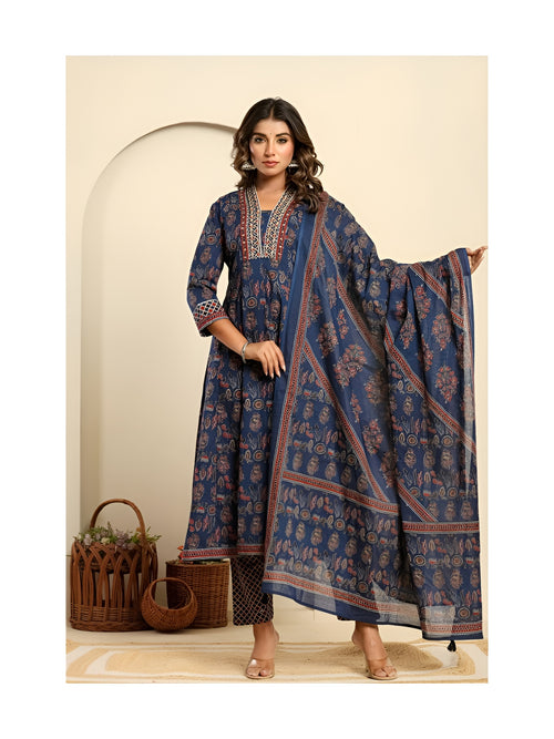 Blue Anarkali suit with pant and mul cotton dupatta.
