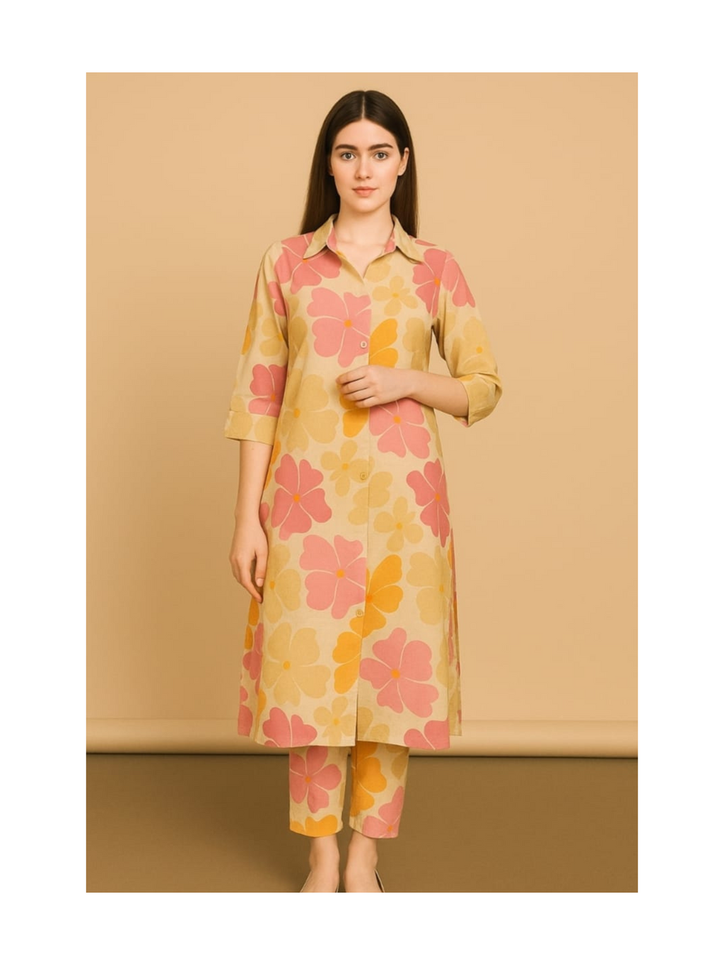 Floral print co-ord set with a soft beige base kurta and pant