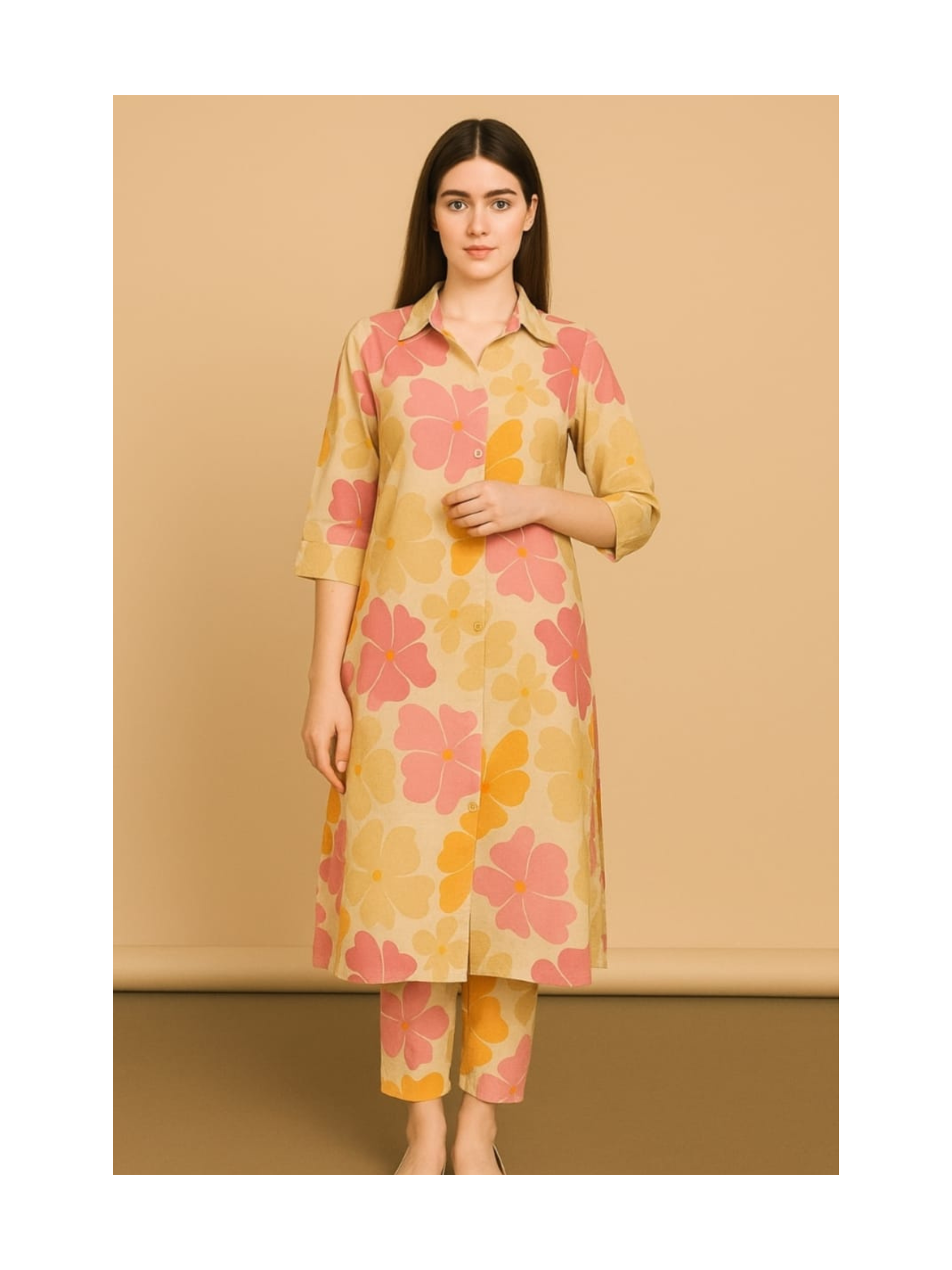 Floral print co-ord set with a soft beige base kurta and pant