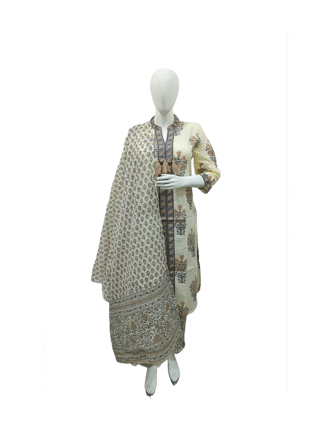 Cotton cream colour kurta pant set with mul cotton dupatta