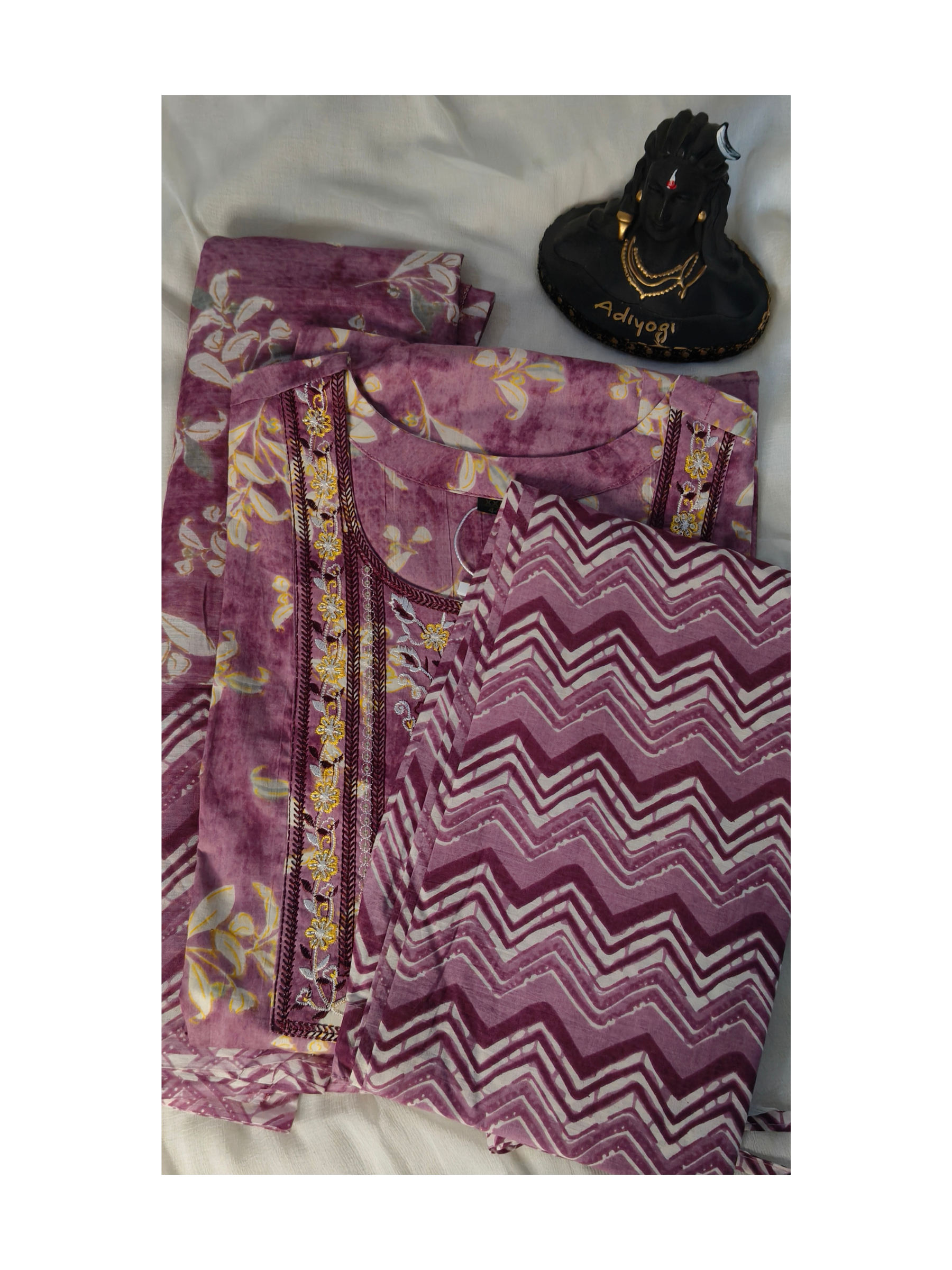 Mauve colour cotton anarkali suit with pant and mul cotton dupatta