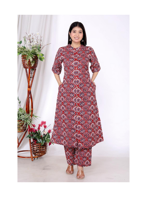 Ajrak Print Red Cotton Co-ord Set with wide leg pant