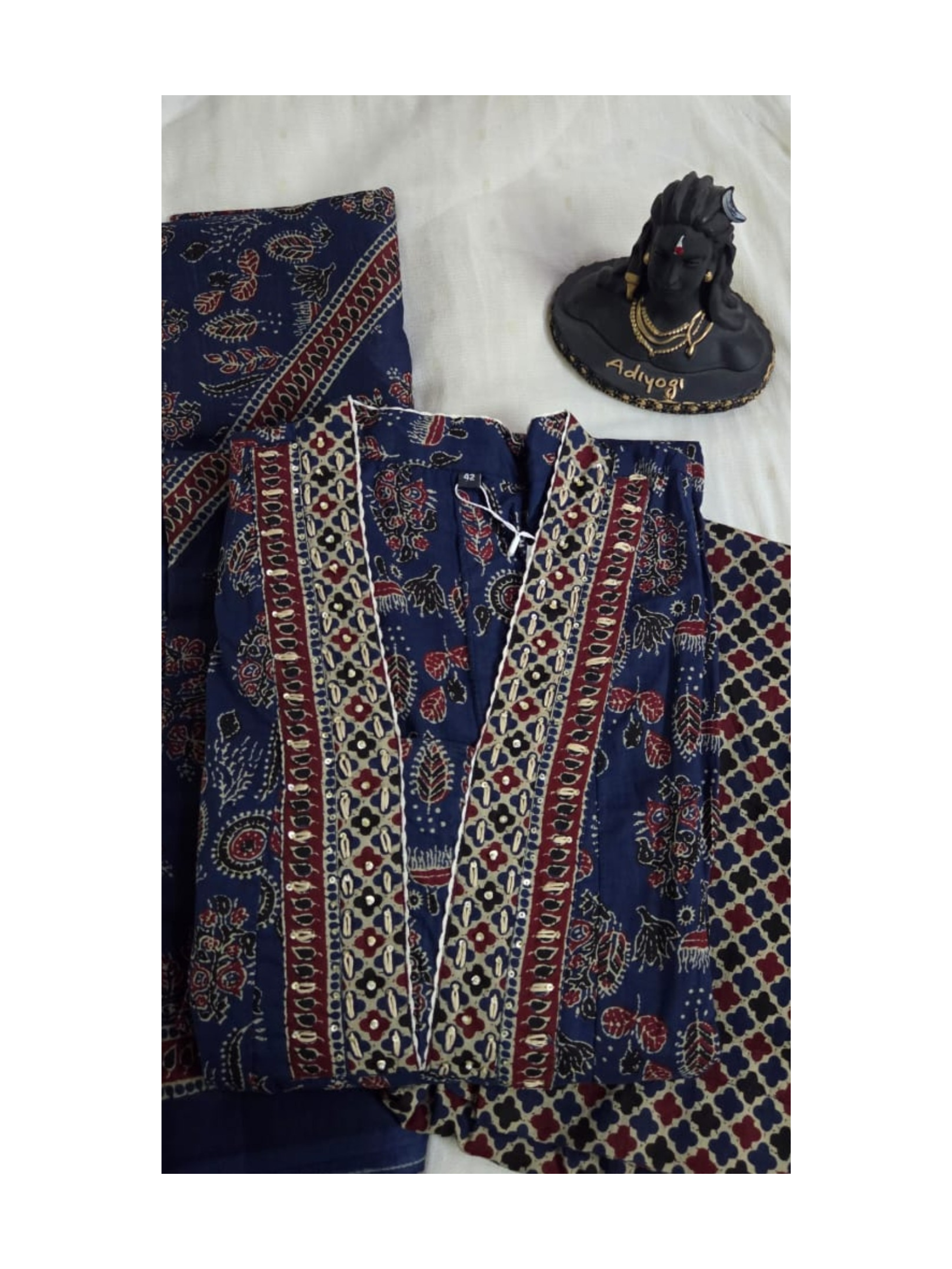 Blue Anarkali suit with pant and mul cotton dupatta.