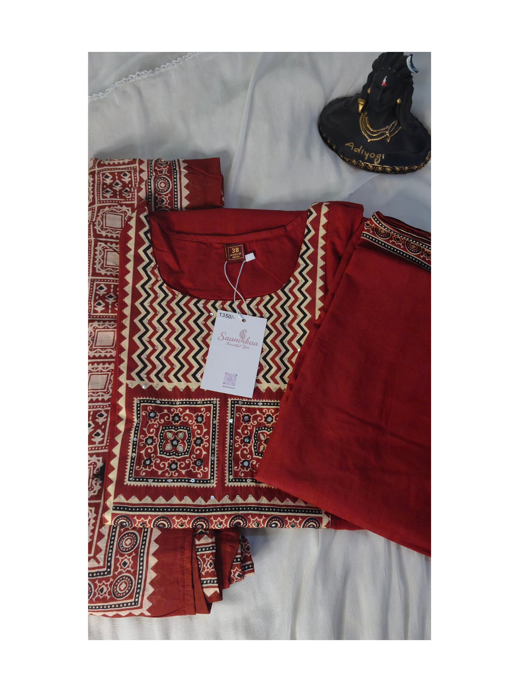 Deep red ajrak Print kurta with wide leg pant and mul cotton dupatta