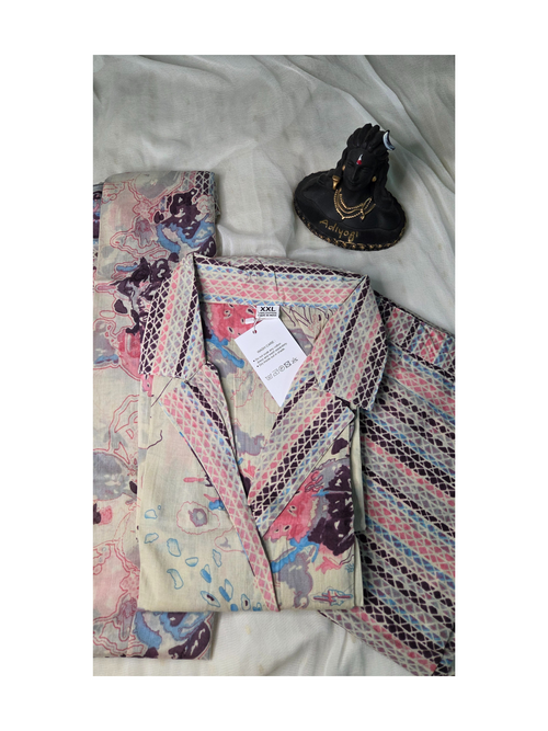 Beige floral kurta with pant and mul cotton dupatta