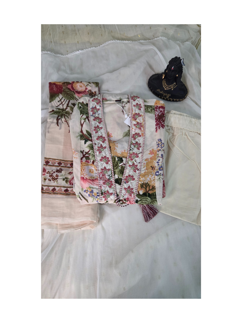 Cream floral-printed cotton anarkali suit with wide leg pant and mul cotton dupatta