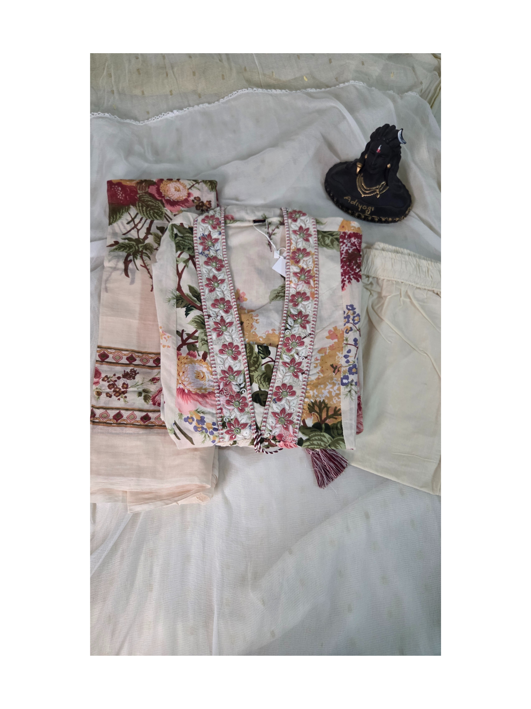 Cream floral-printed cotton anarkali suit with wide leg pant and mul cotton dupatta