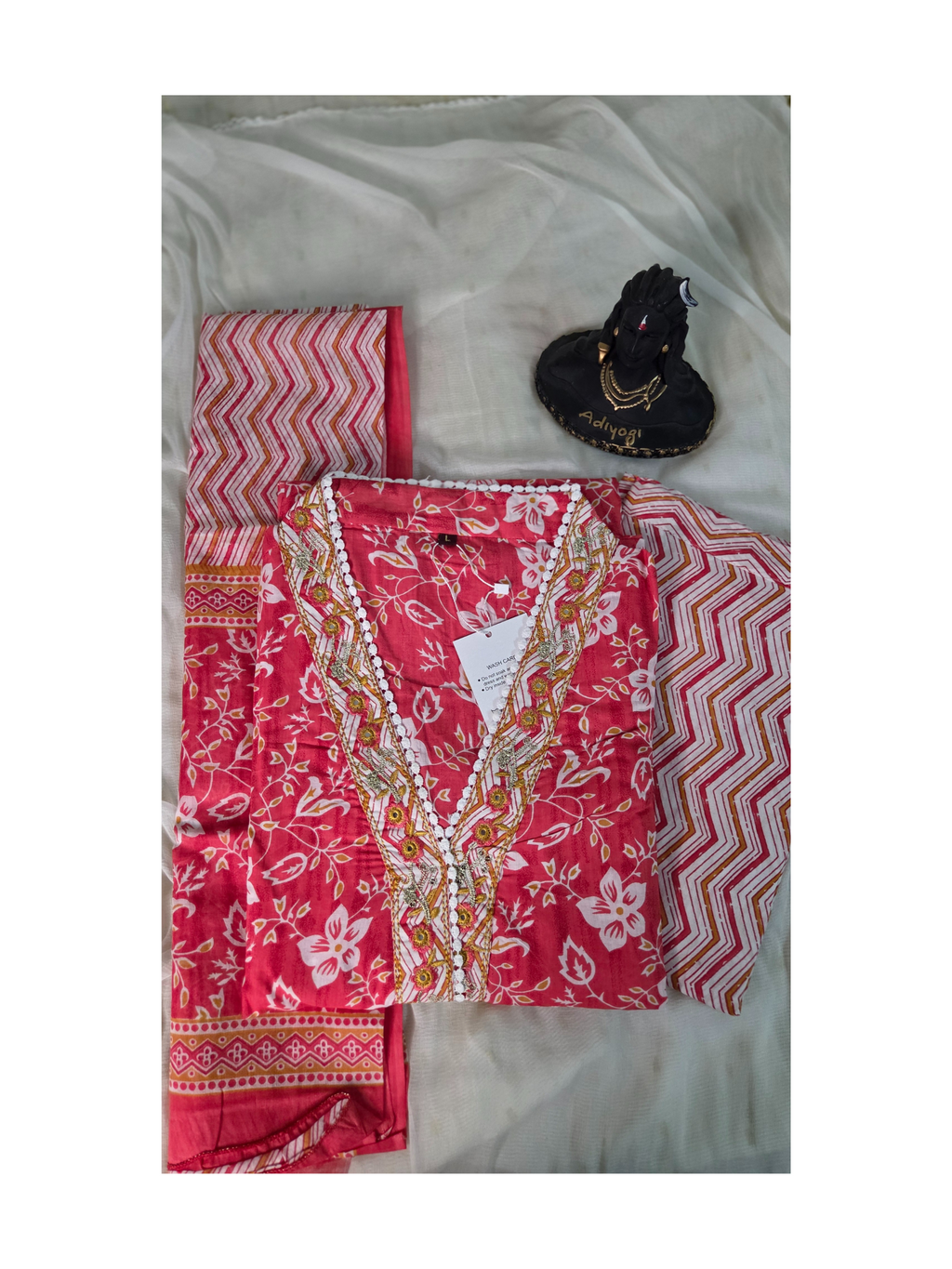 Pinkish Red floral cotton kurta set with pant and mul cotton dupatta