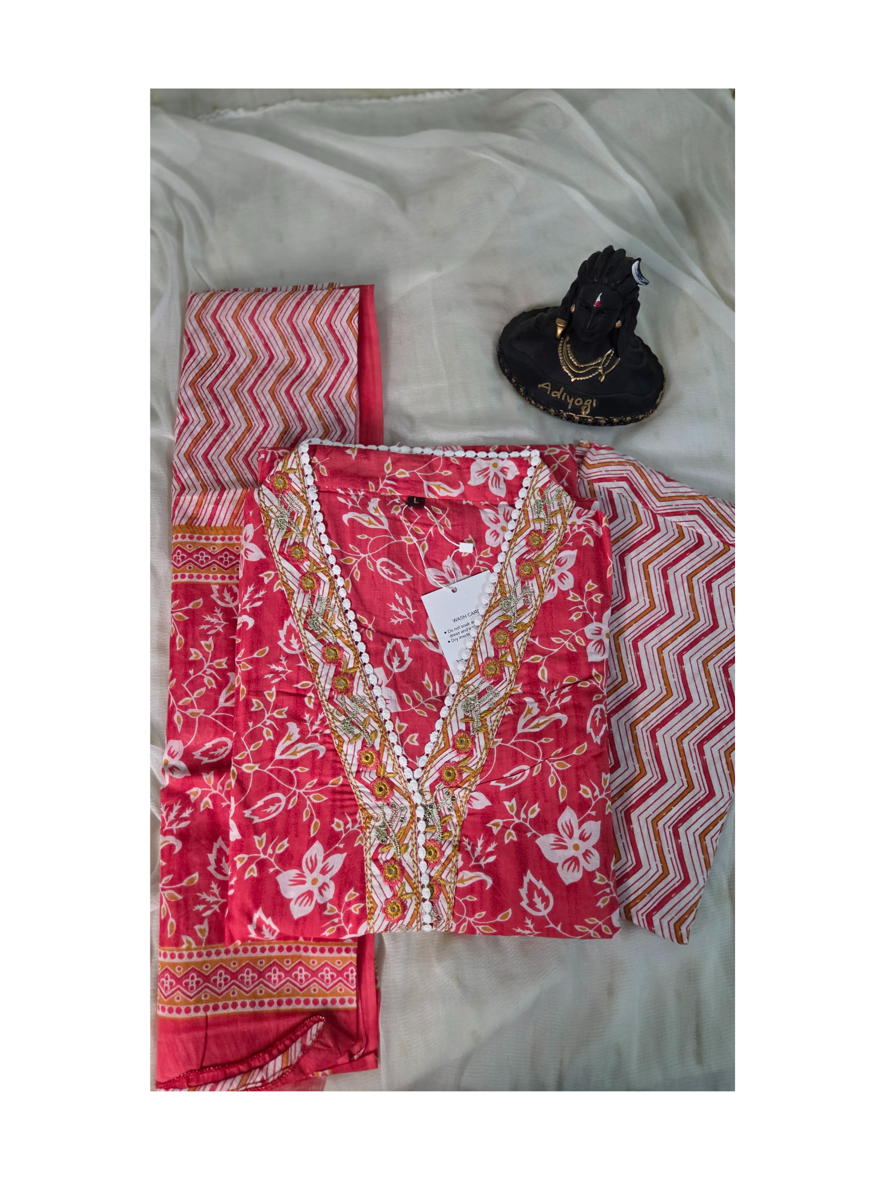 Pinkish Red floral cotton kurta set with pant and mul cotton dupatta