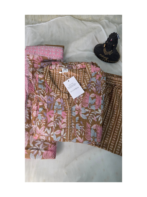 Brown floral  cotton Anarkali kurta with pant and mul cotton dupatta