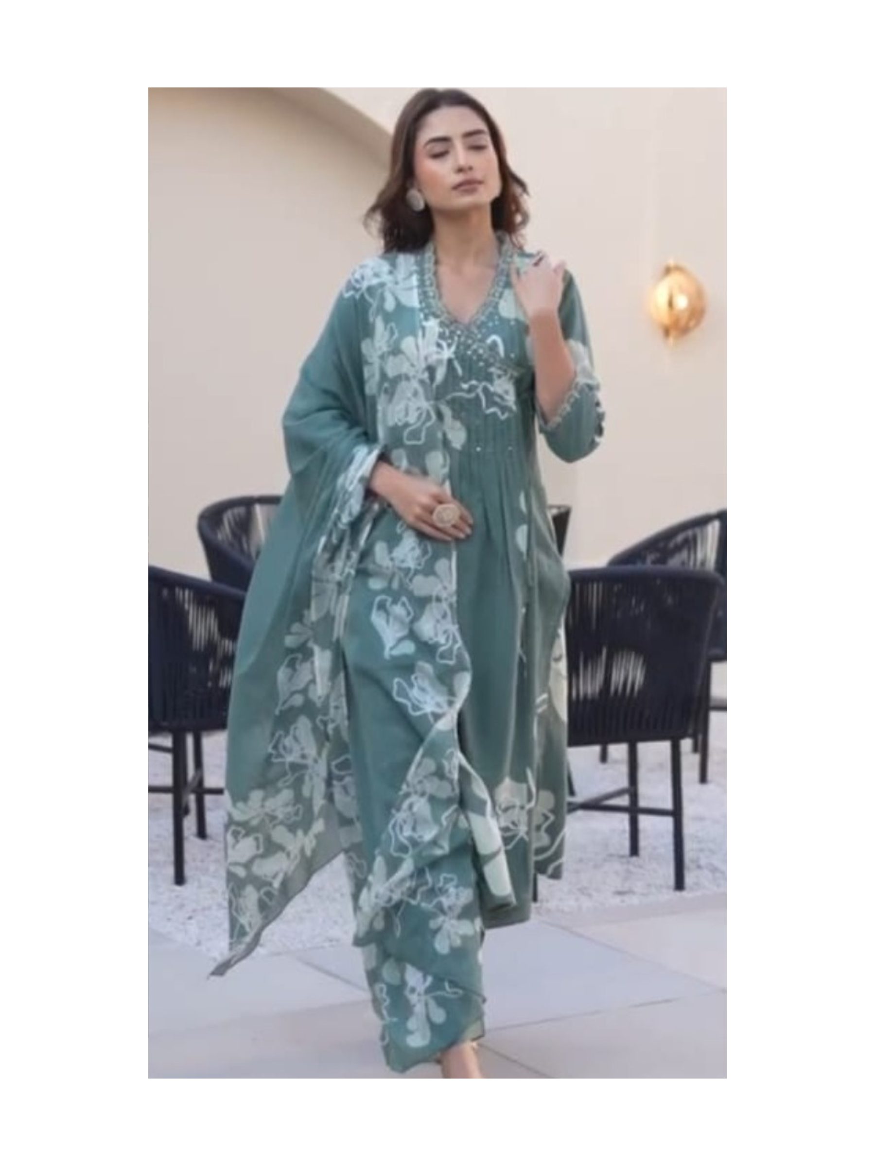 Green angrakha pattern kurta with pant and mul cotton dupatta