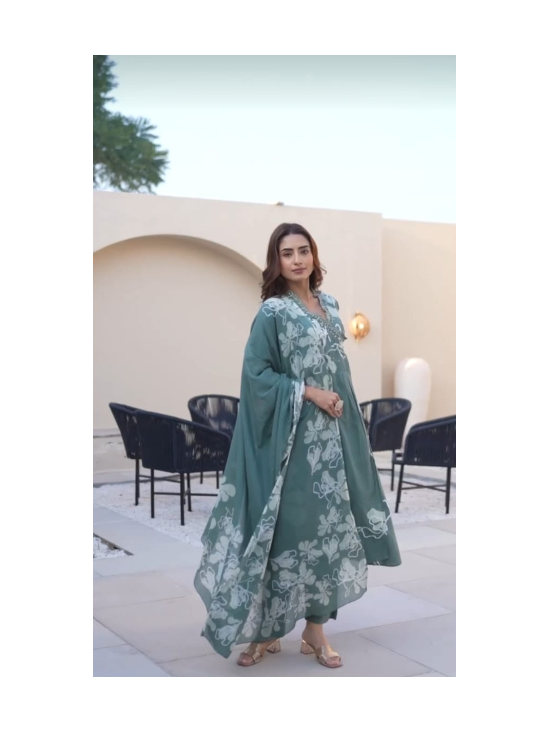 Green angrakha pattern kurta with pant and mul cotton dupatta