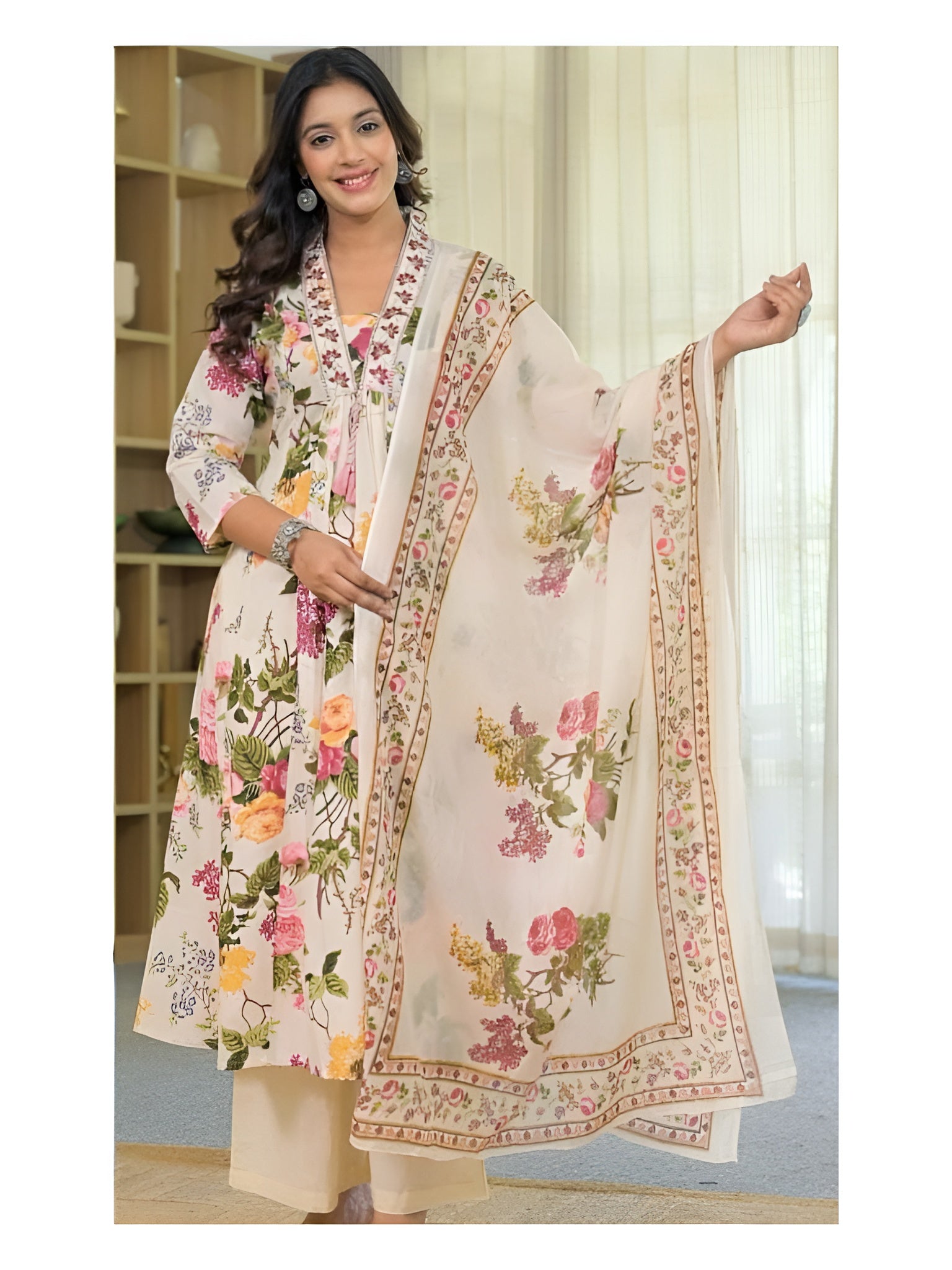 Cream floral-printed cotton anarkali suit with wide leg pant and mul cotton dupatta